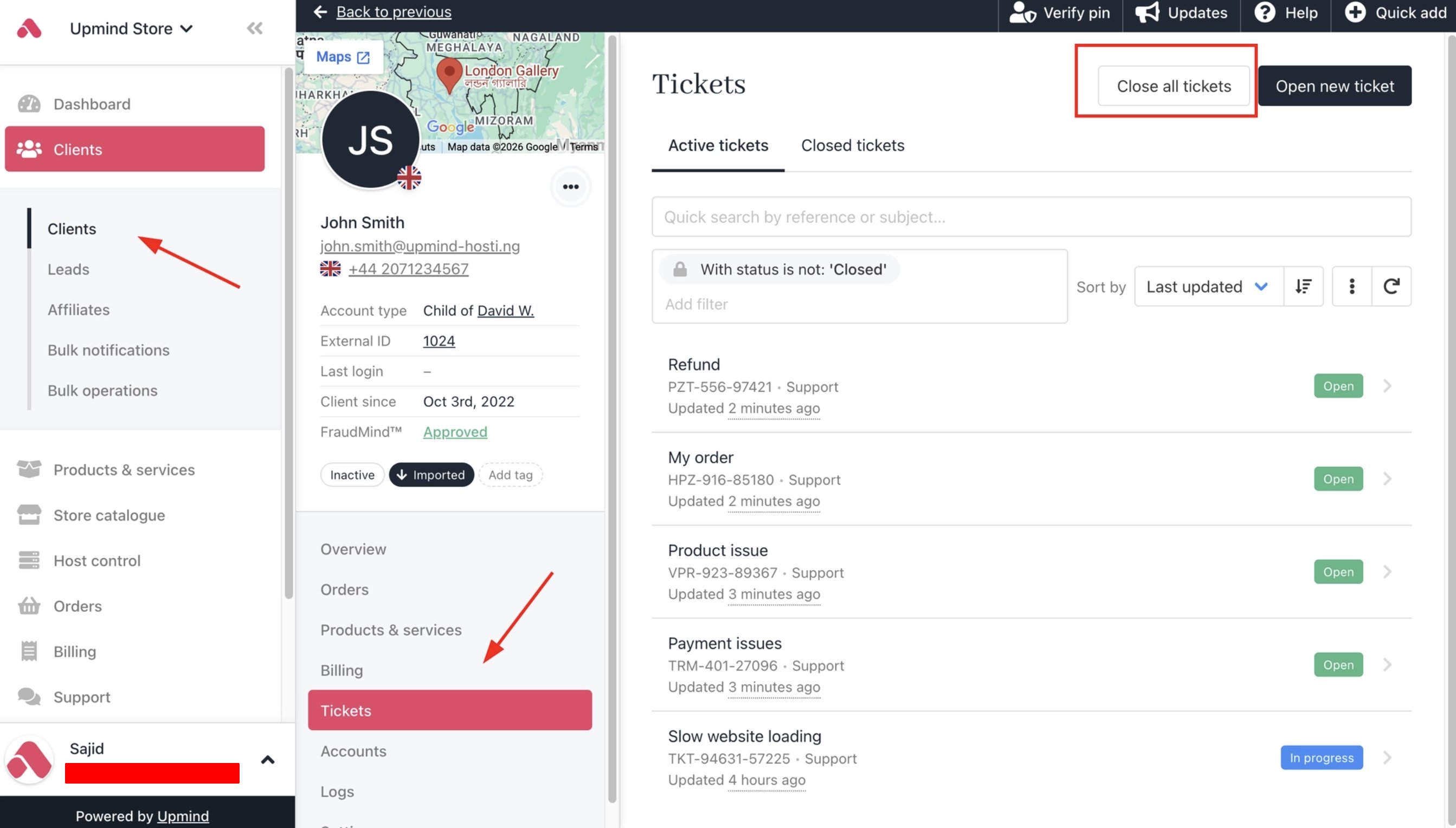 Clients > Tickets > Close all tickets
