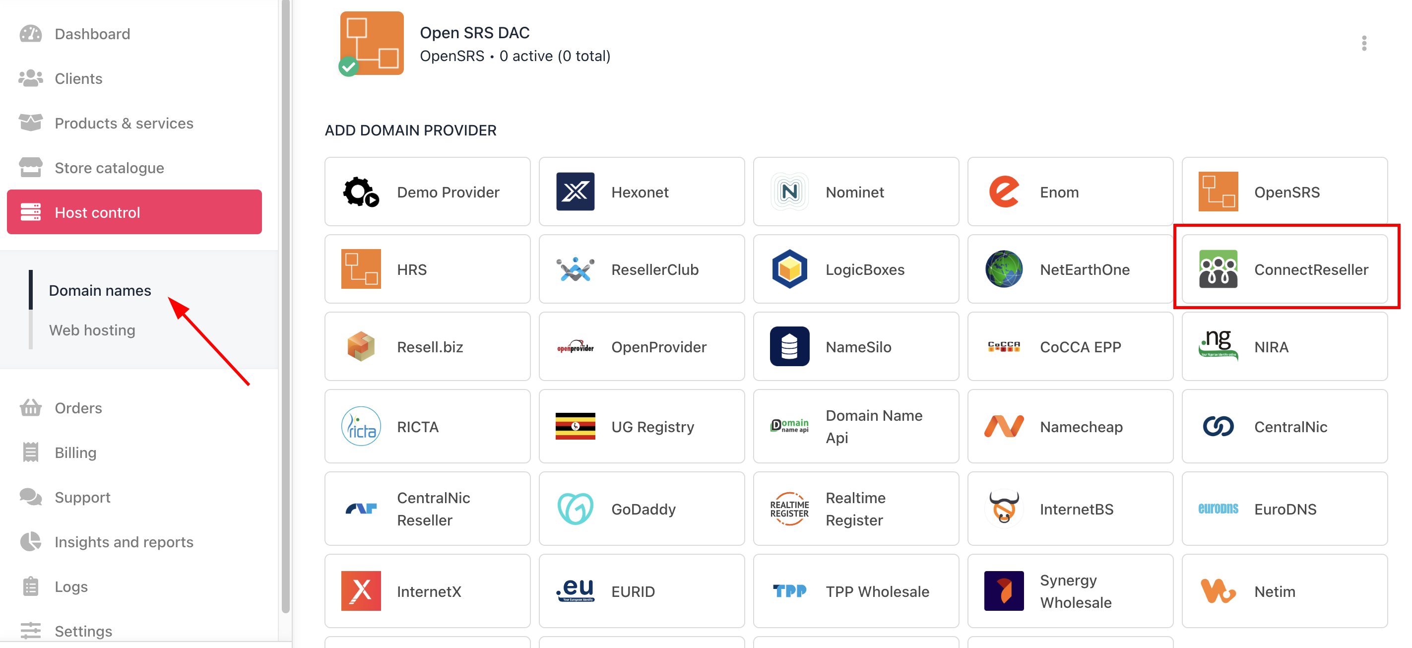 Host Control > Domain names > Registrars