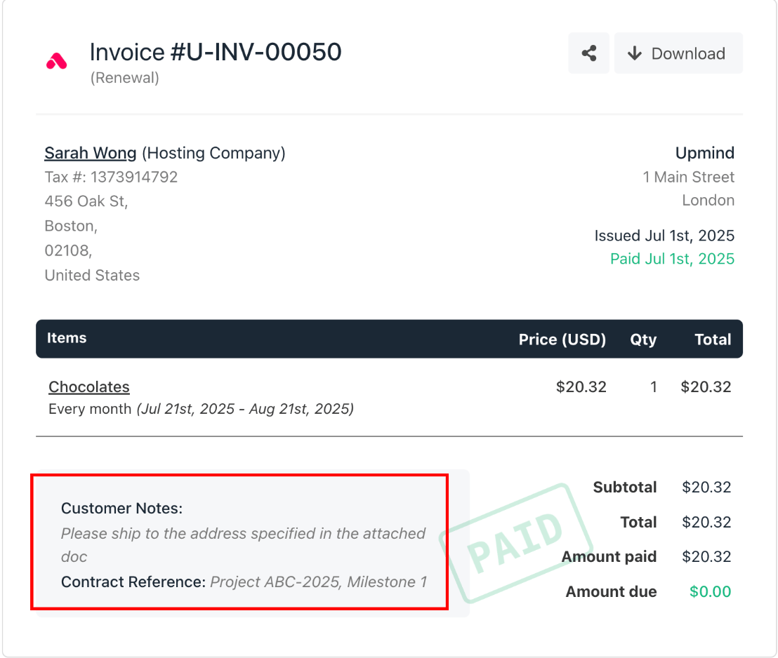 Updated invoice with metadata