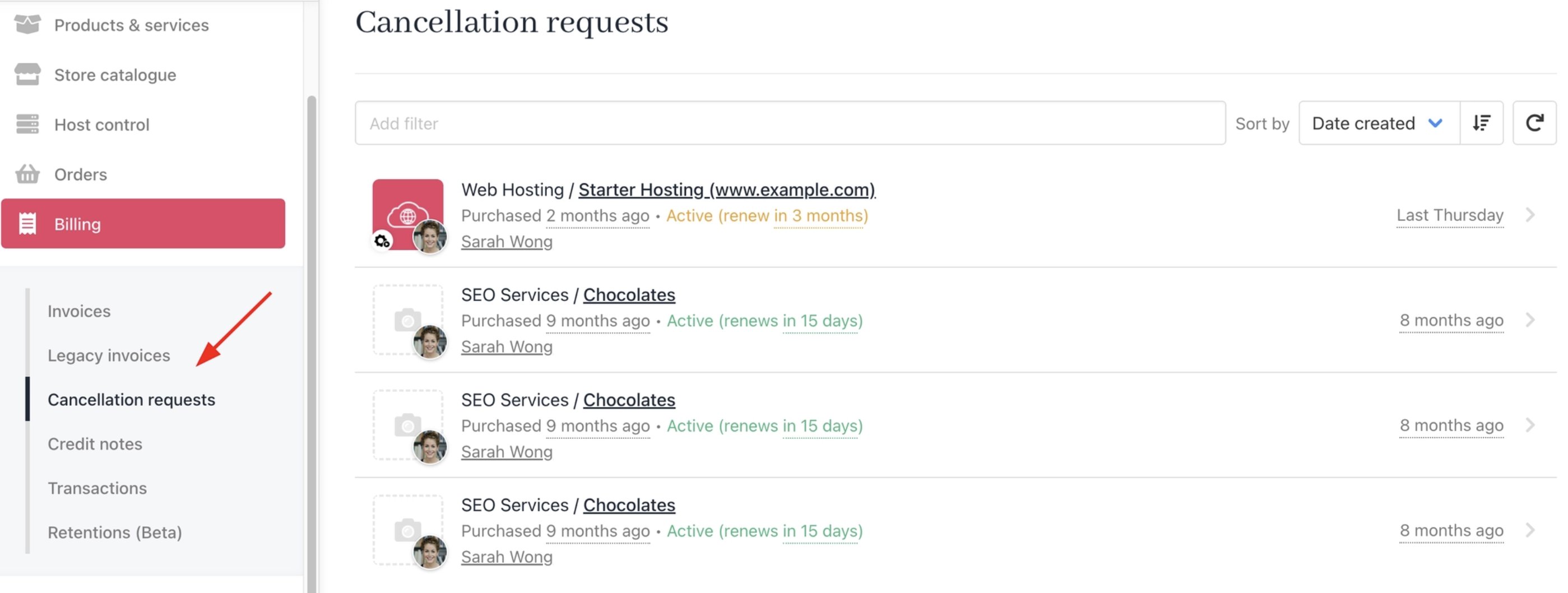 Billing > Cancellation requests