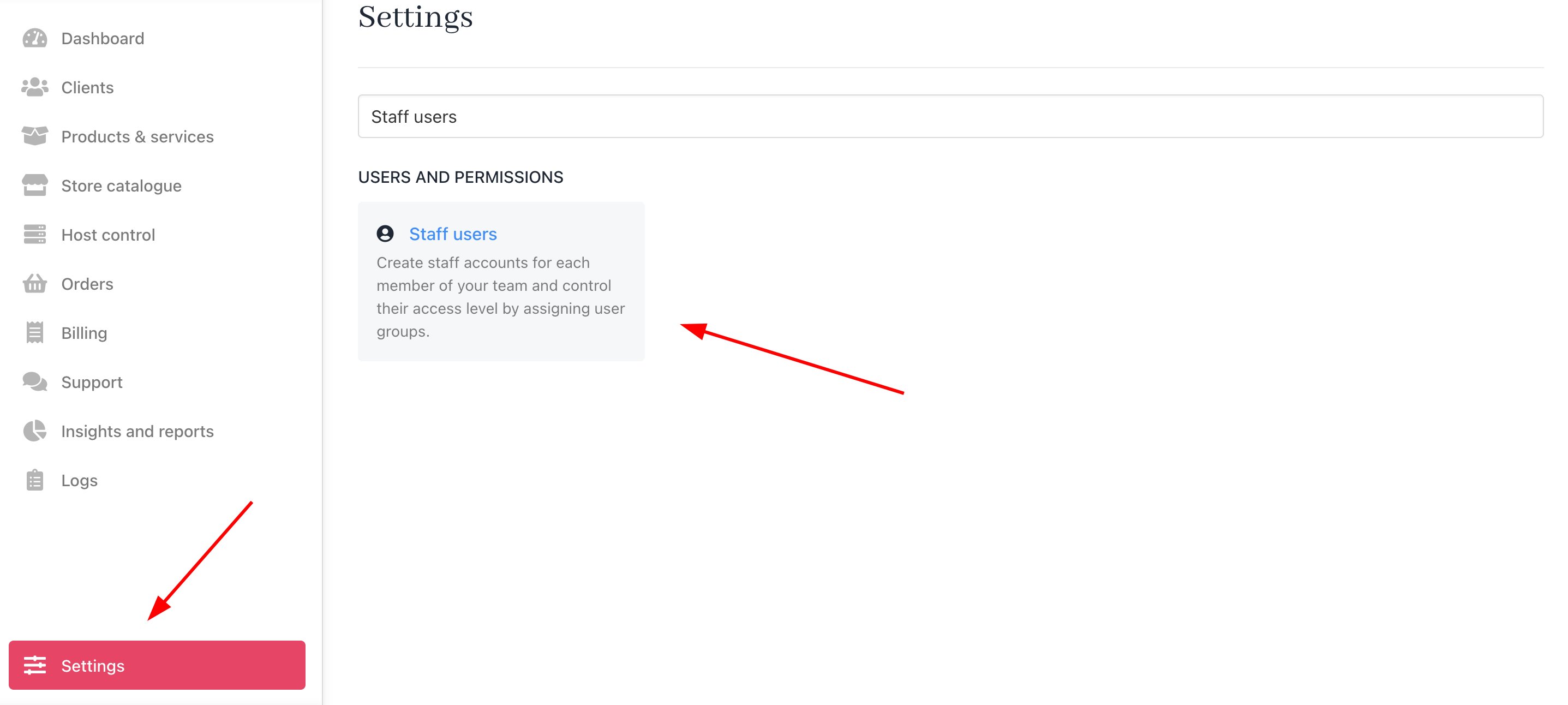 Settings > Users and Permissions > Staff users
