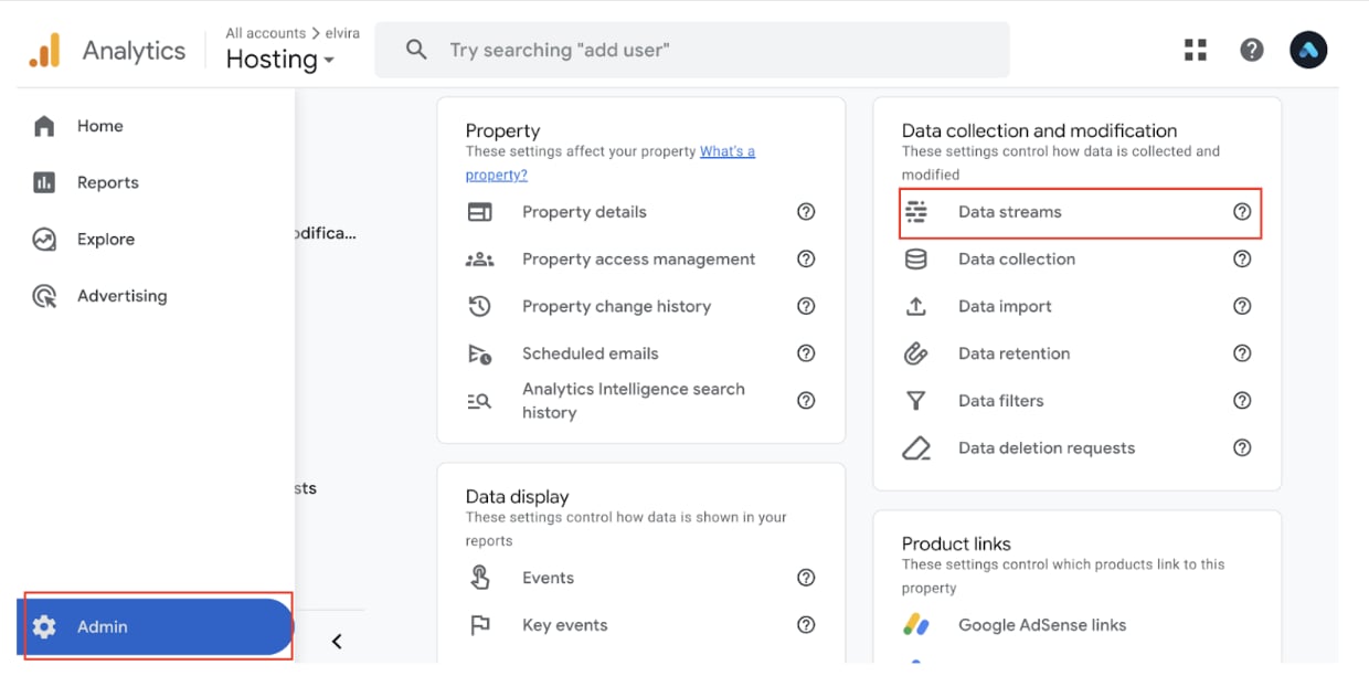 Admin > Data streams