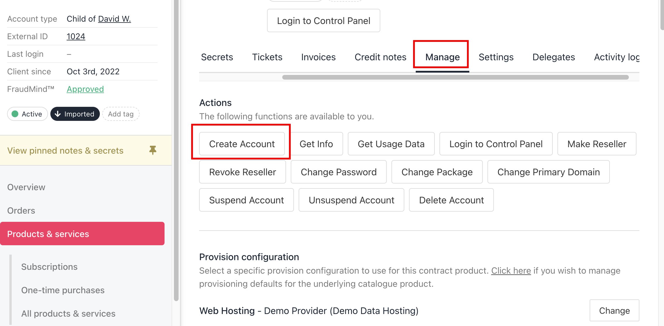 Product > Manage > Create Account