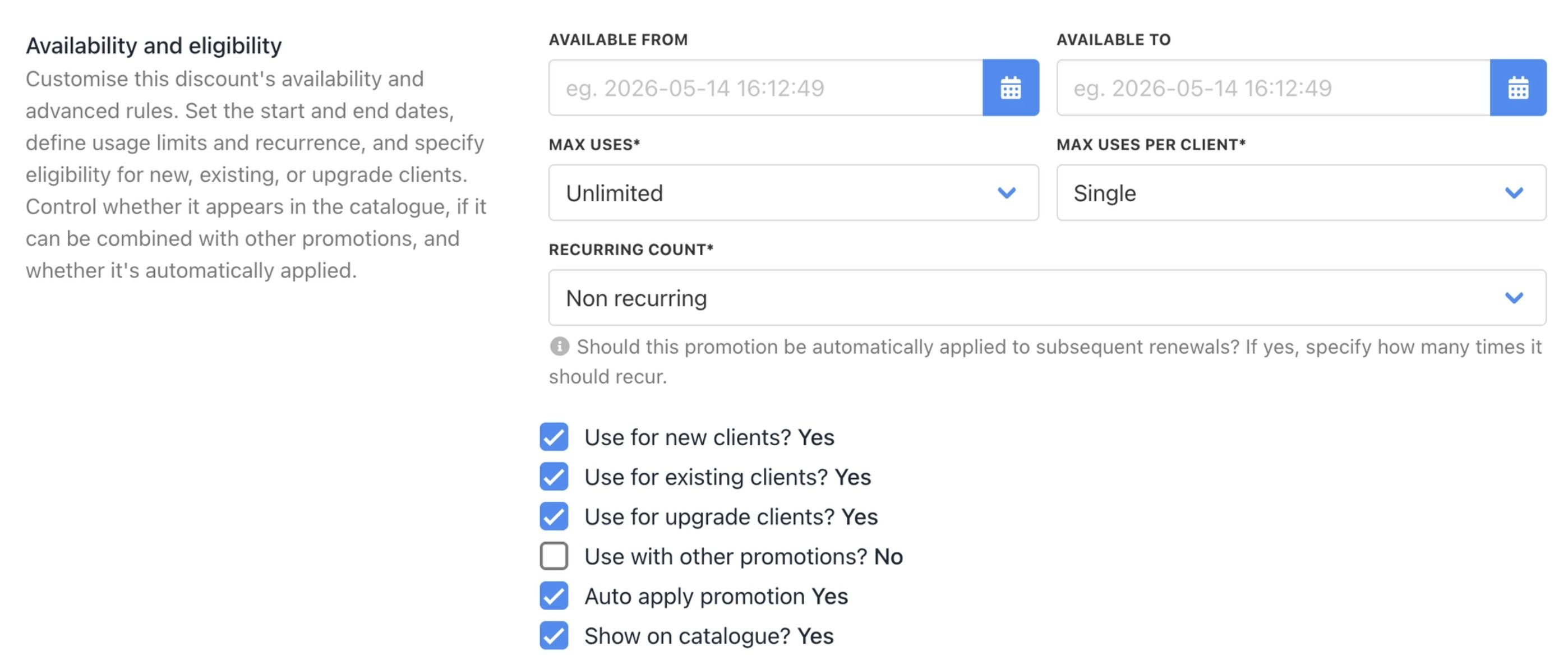 Set availability and eligibility