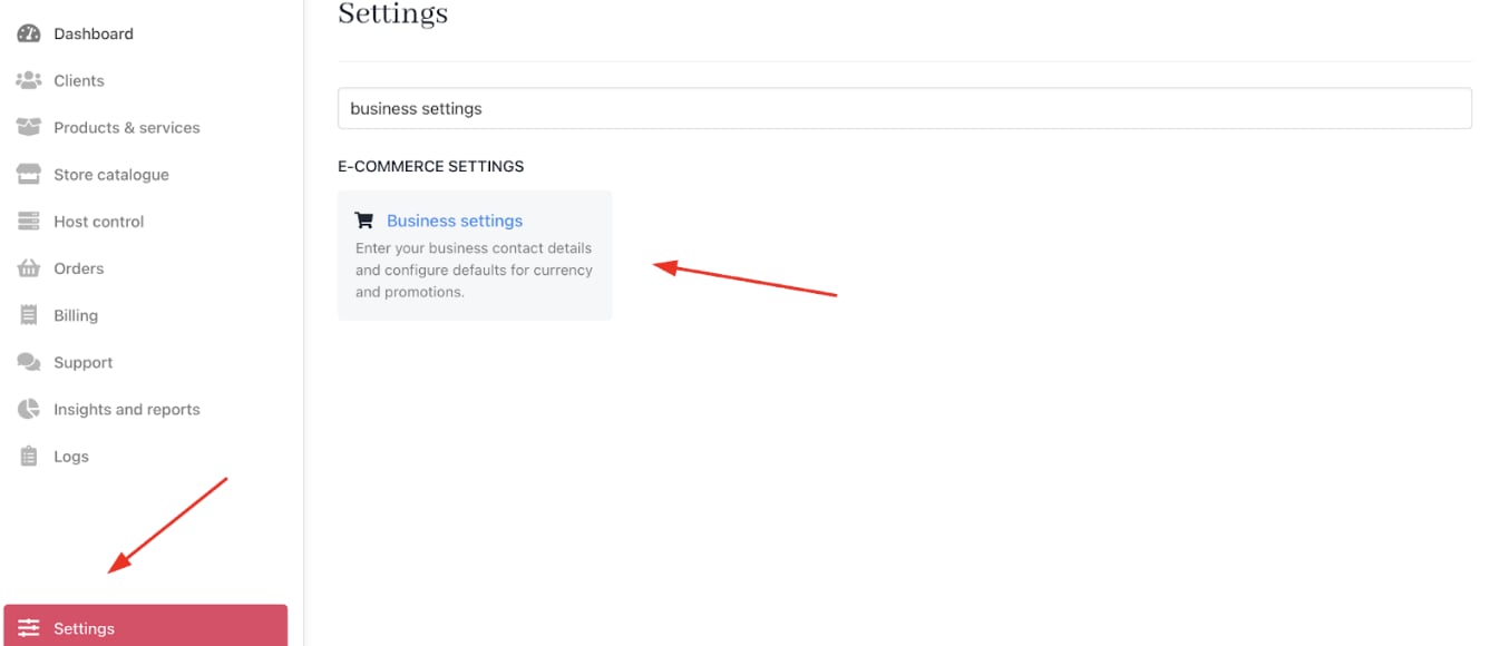 Settings > E-commerce Settings > Business Settings