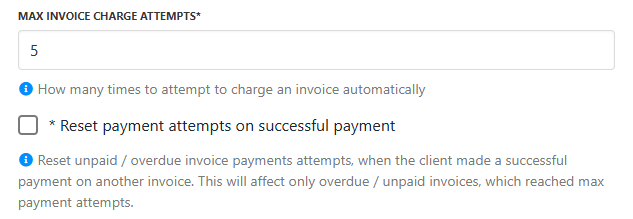 Enable/disable attempts (Settings > Payment options > Billing automation)