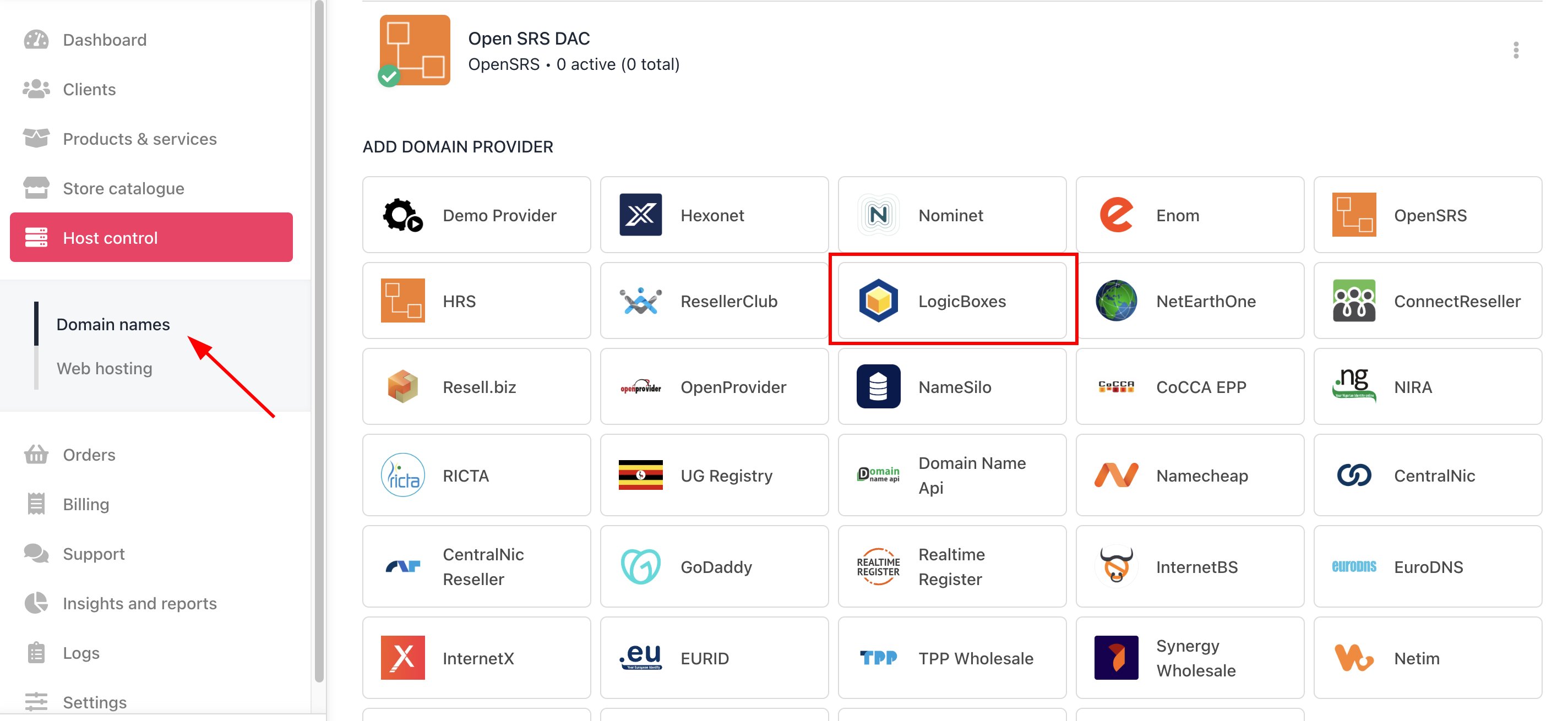 Host Control > Domain names > Registrars