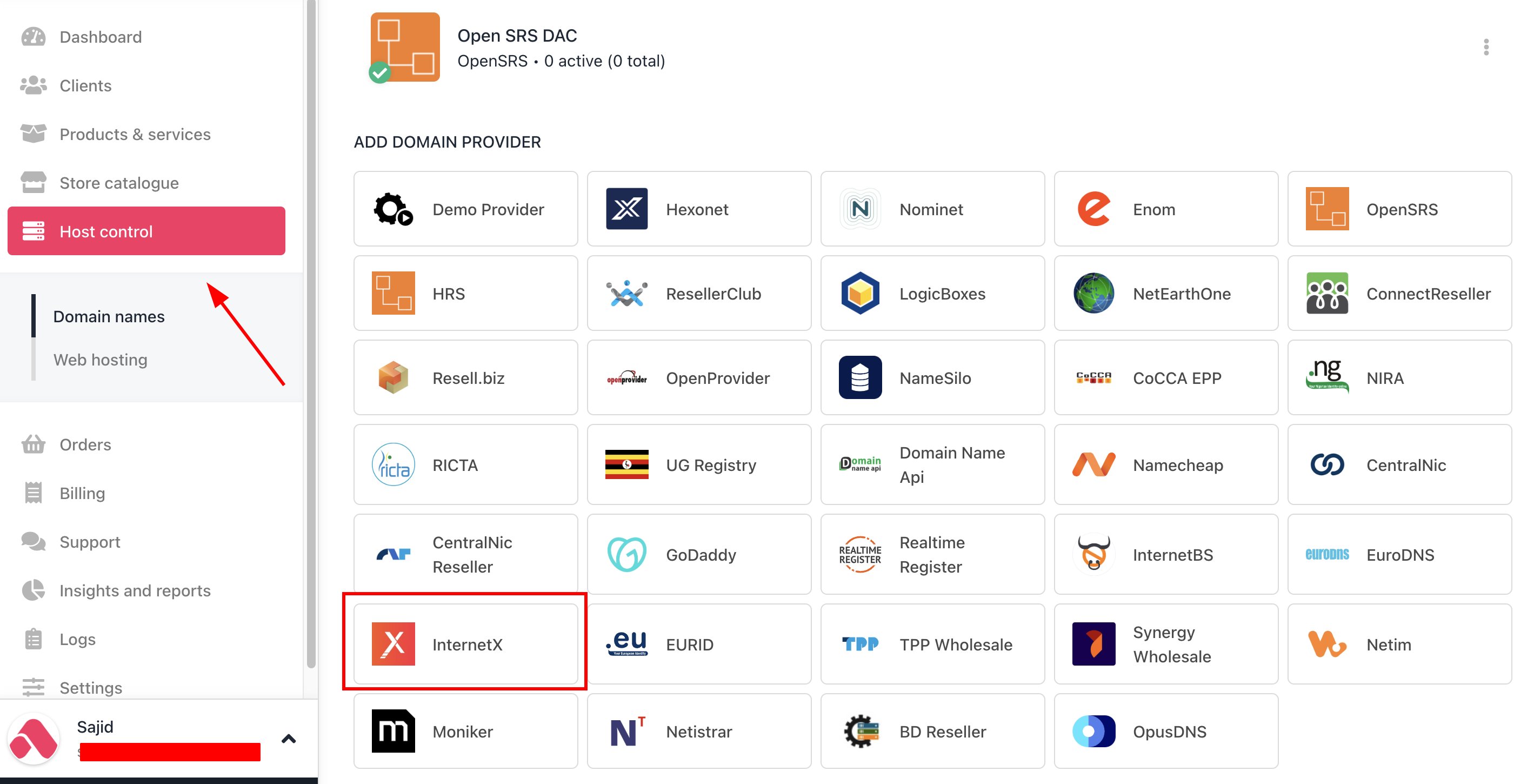 Host Control > Domain names > Registrars