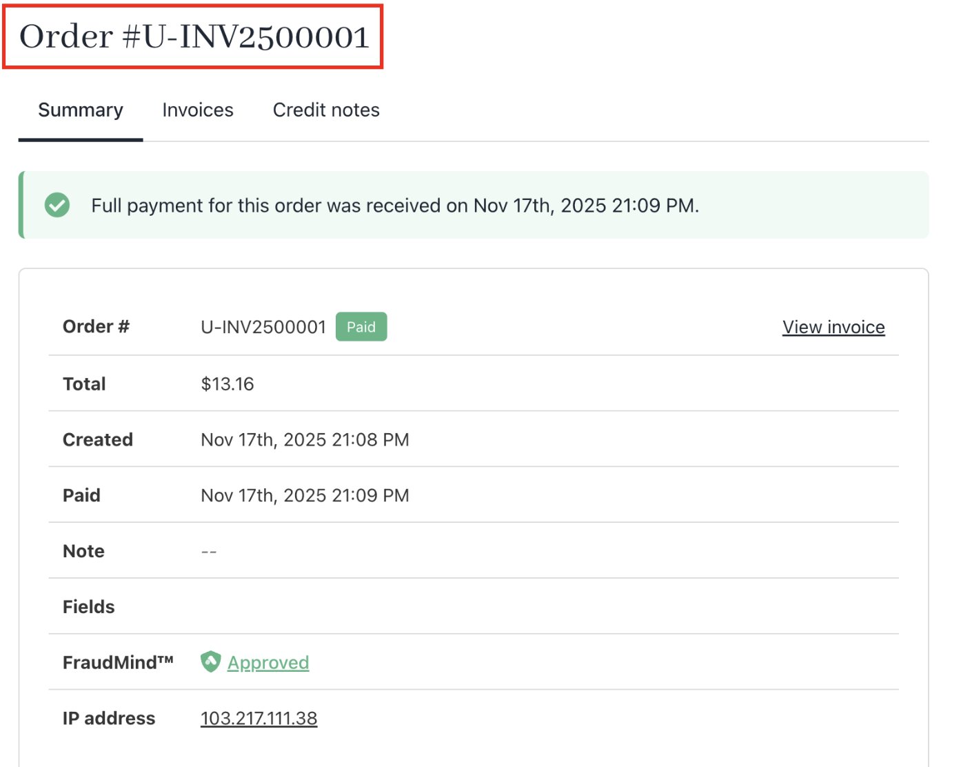 Updated invoice number
