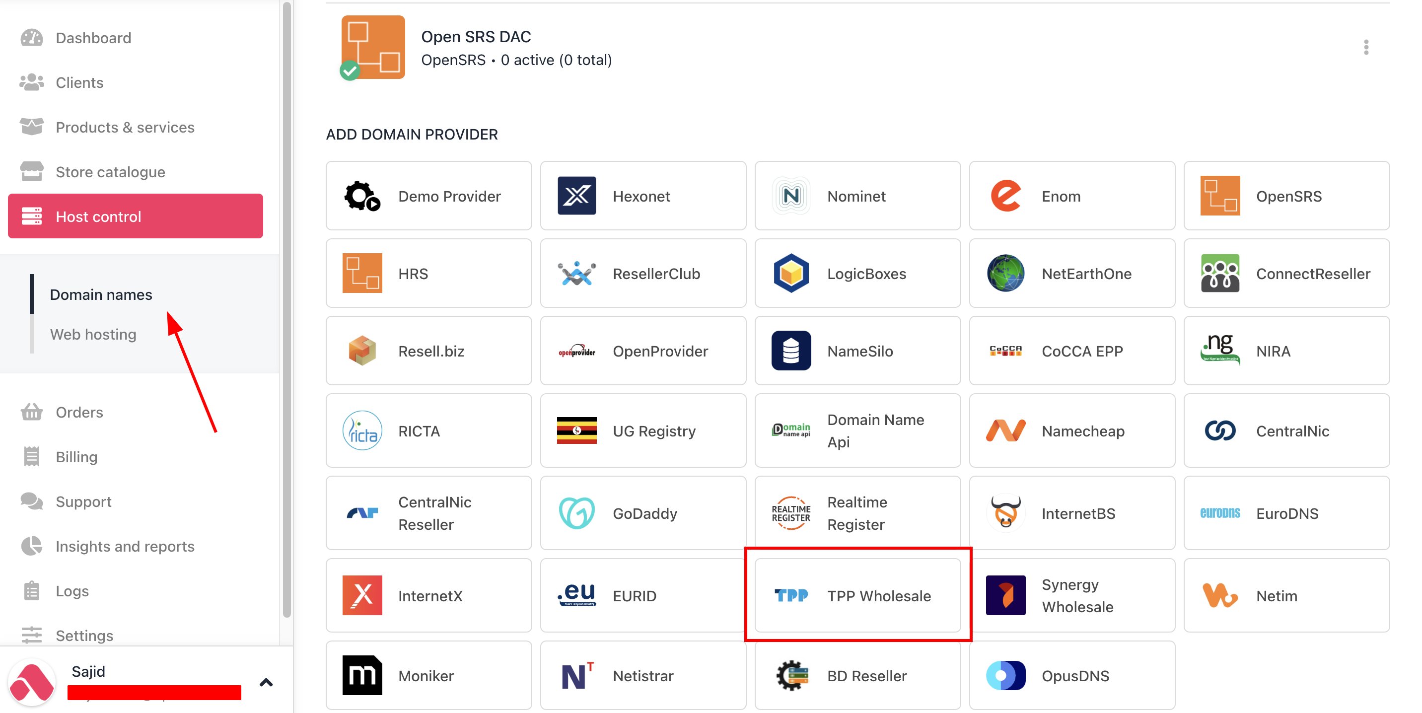 Host Control > Domain names > Registrars