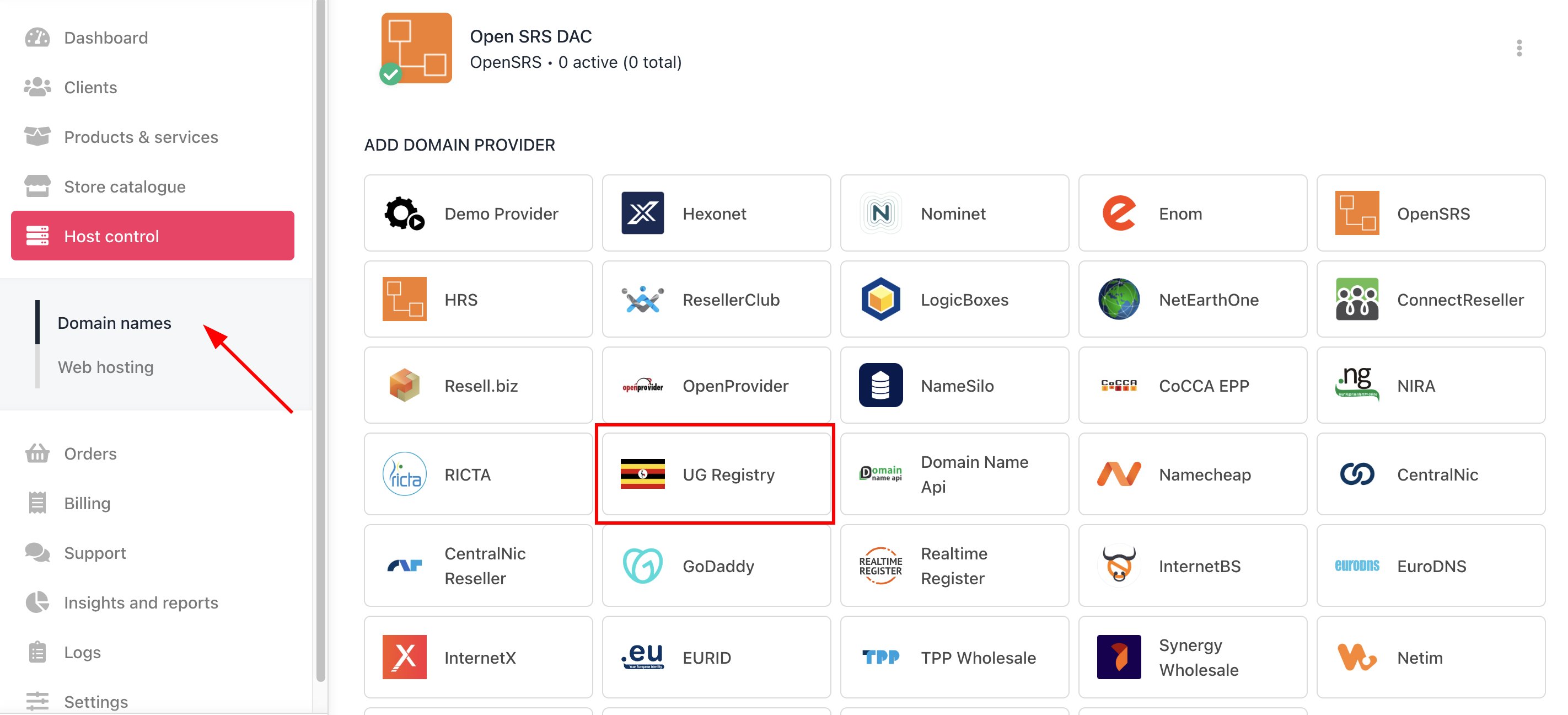 Host Control > Domain names > Registrars