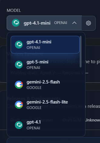 LLM model selector showing GPT-4.1-mini and other available models
