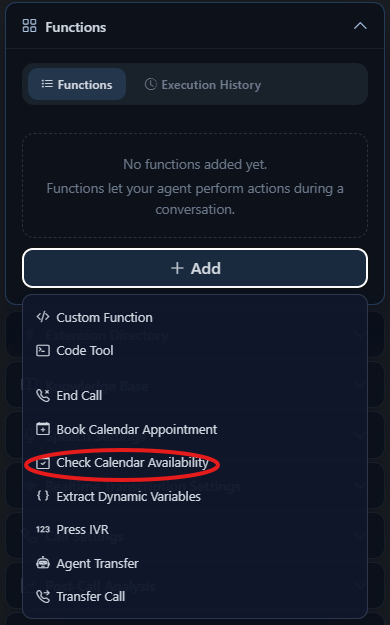 Functions Add menu with Check Calendar Availability highlighted