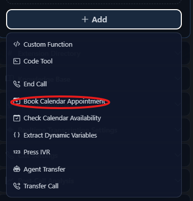 Functions Add menu with Book Calendar Appointment highlighted