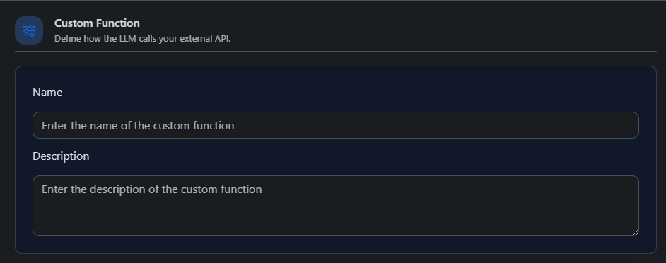 Custom Function form showing Name and Description fields