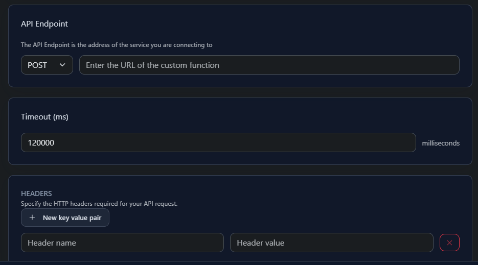 Custom Function API endpoint configuration showing POST method, URL, timeout, and headers