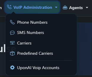 VoIP Administration menu showing SMS Numbers and other telephony options