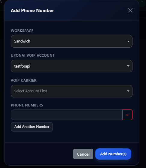 Add Phone Number dialog showing workspace, UponAI VoIP account, carrier, and phone number fields