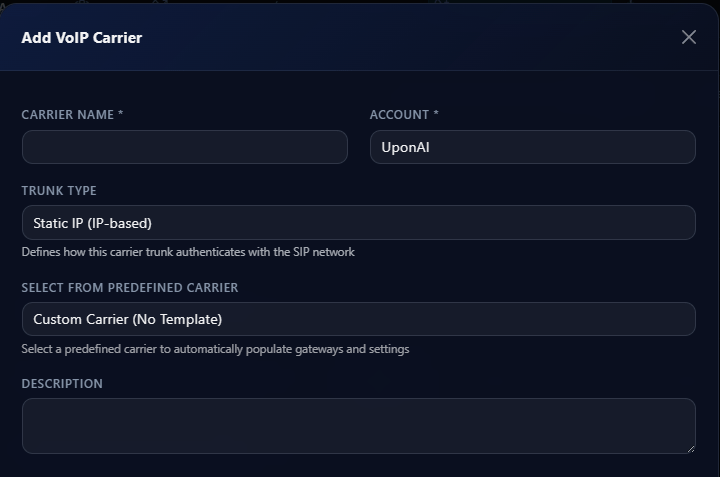 Add VoIP Carrier dialog showing carrier name, trunk type, and predefined carrier selection