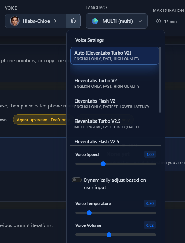 Voice settings panel showing ElevenLabs voice models, speed, temperature, and volume controls