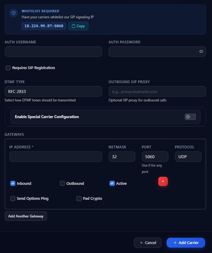 VoIP Carrier configuration showing whitelist IP, auth credentials, DTMF type, gateways, and Add Carrier button