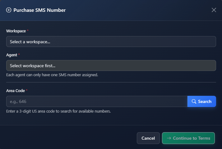 Purchase SMS Number dialog showing workspace, agent, and area code search fields