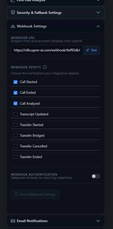Webhook Settings panel showing webhook URL, event checkboxes (Call Started, Call Ended, Call Analyzed, Transfer events), and Webhook Authentication toggle