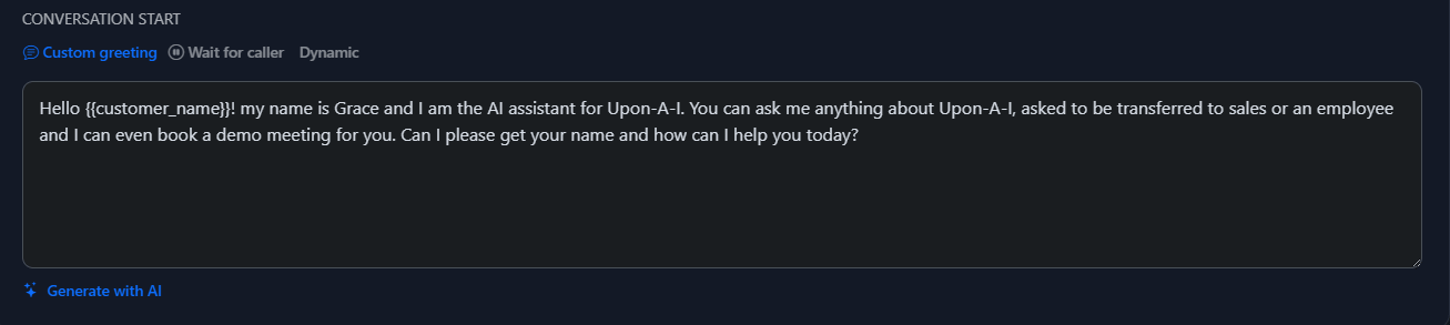 Conversation Start setting with custom greeting text field