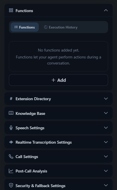 Agent Functions panel showing the Add button and empty functions state