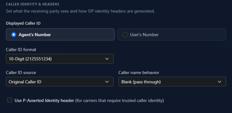 Caller Identity and Headers settings showing displayed caller ID and SIP header options