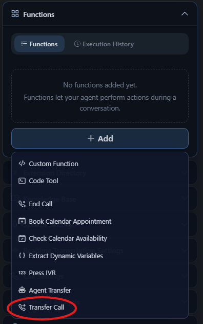 Functions Add menu with Transfer Call highlighted