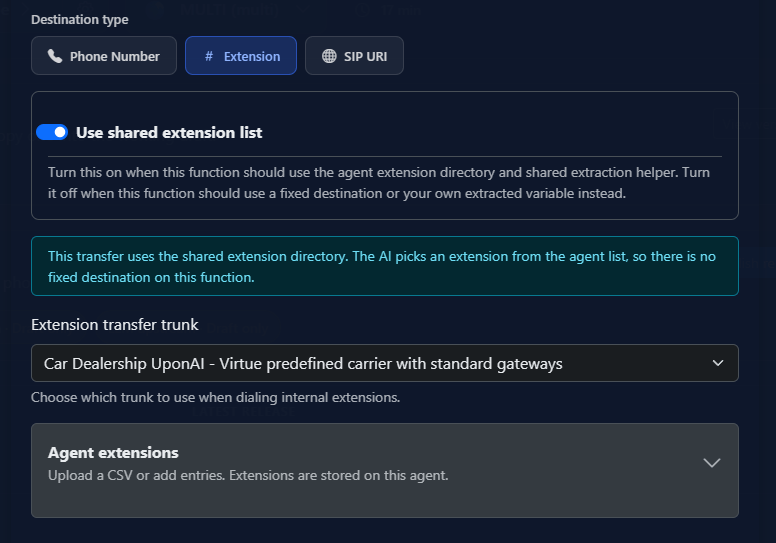 Extension destination type configuration with shared extension list enabled