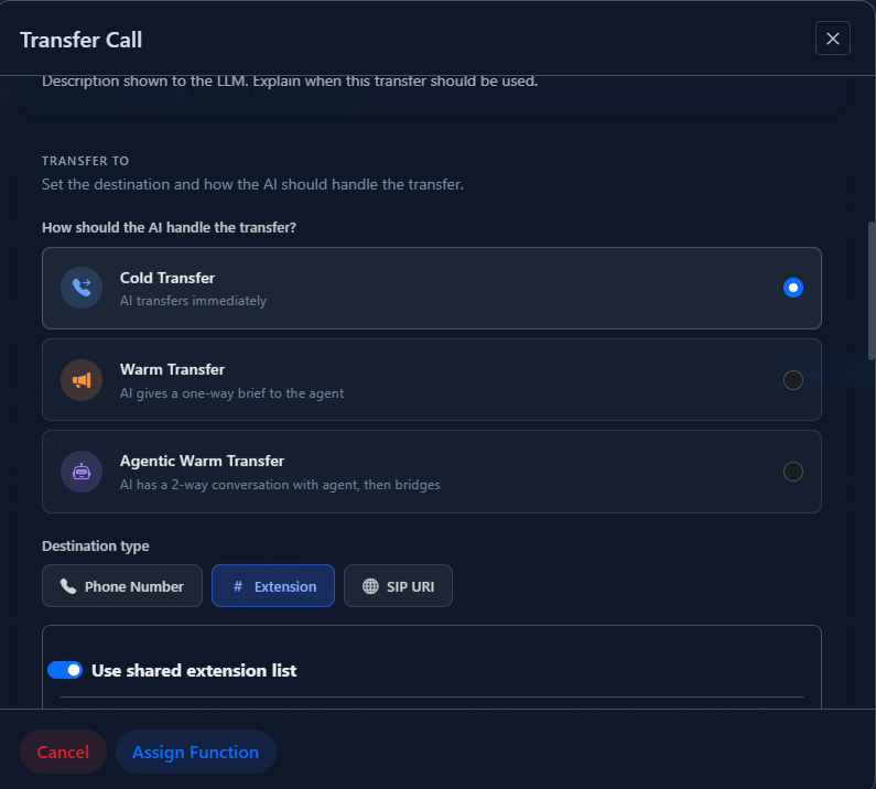 Transfer Call dialog showing Cold Transfer, Warm Transfer, and Agentic Warm Transfer options
