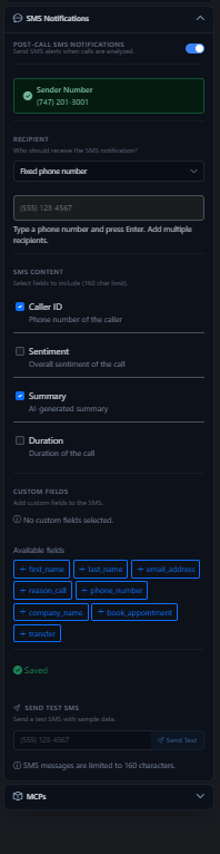 SMS Notifications panel showing sender number, recipient, content fields, and custom dynamic variable fields