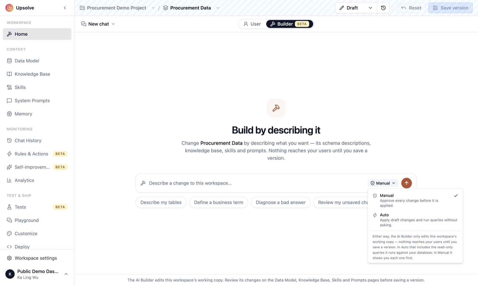 The approval mode menu showing Manual (approve every change before it is applied) and Auto (apply draft changes and run queries without asking)