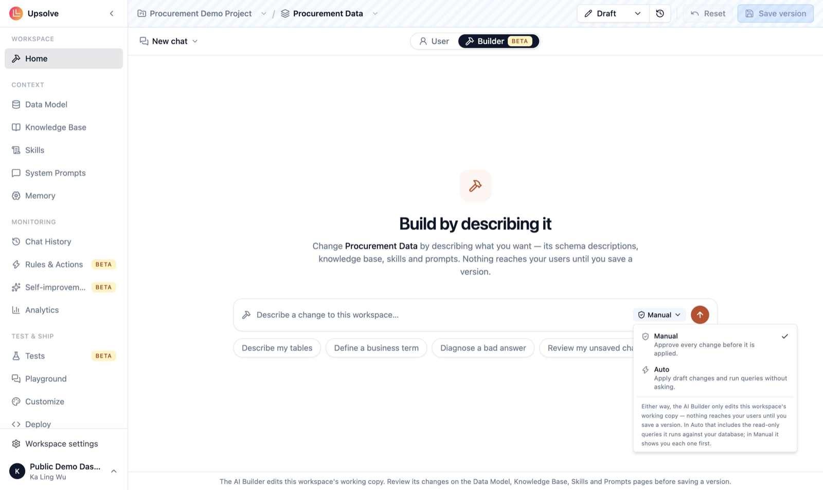 The approval mode menu showing Manual (approve every change before it is applied) and Auto (apply draft changes and run queries without asking)