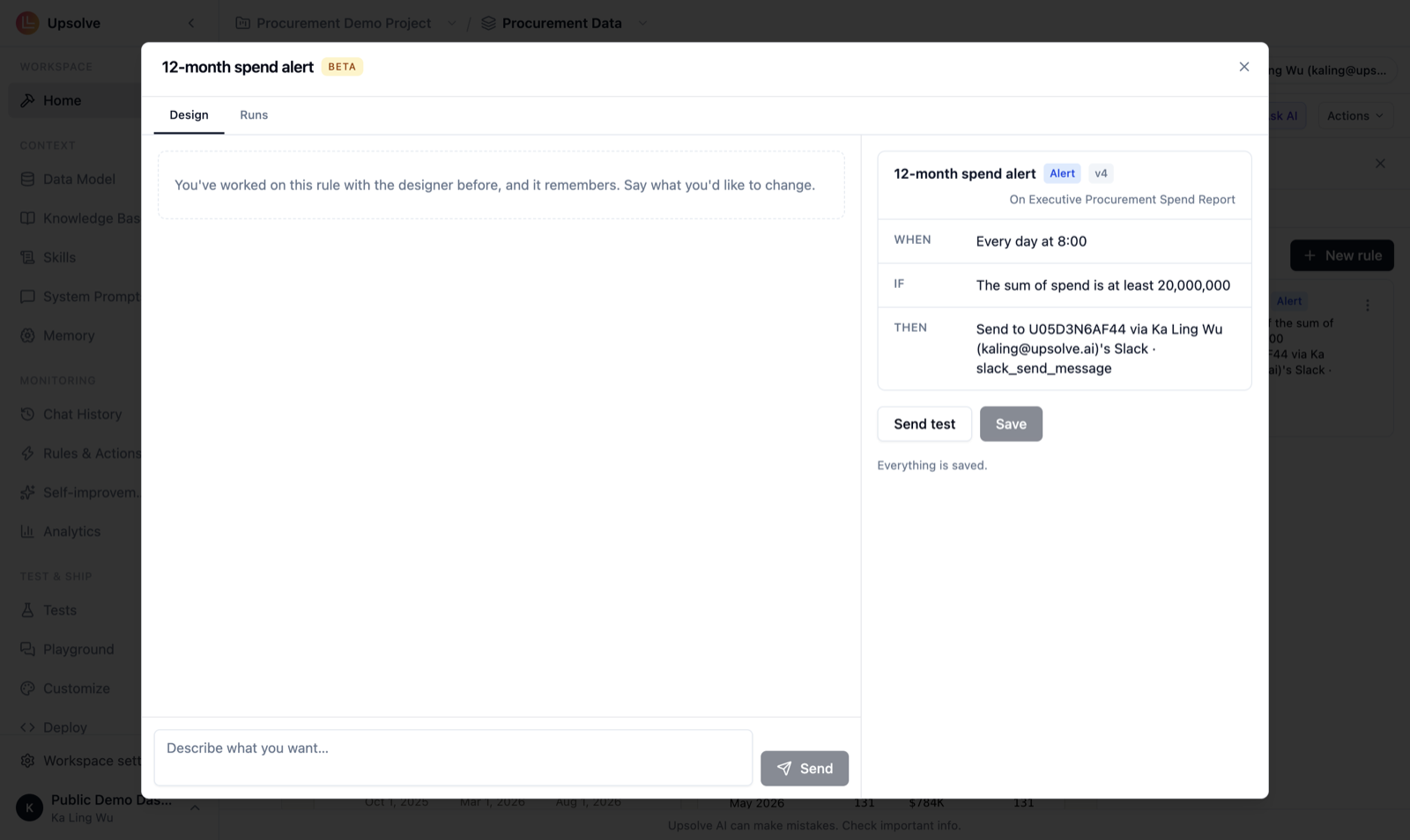 The rule editor for a saved alert: the rule card with When, If and Then, plus Send test and Save buttons