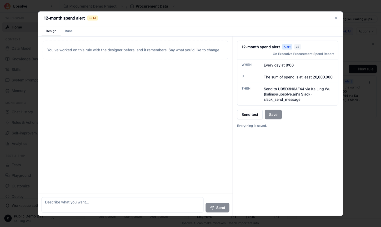 The rule editor for a saved alert: the rule card with When, If and Then, plus Send test and Save buttons