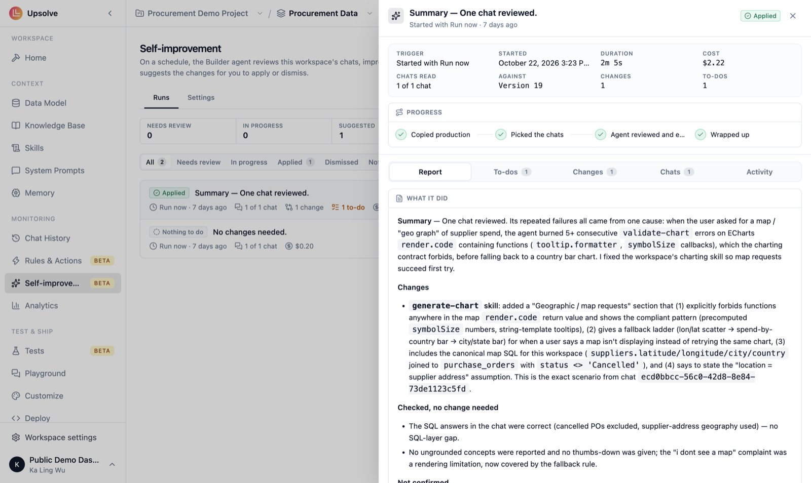 A run's detail showing its trigger, start time, duration, cost, chats read and version, the four completed progress steps, and the Report tab explaining what it found and changed