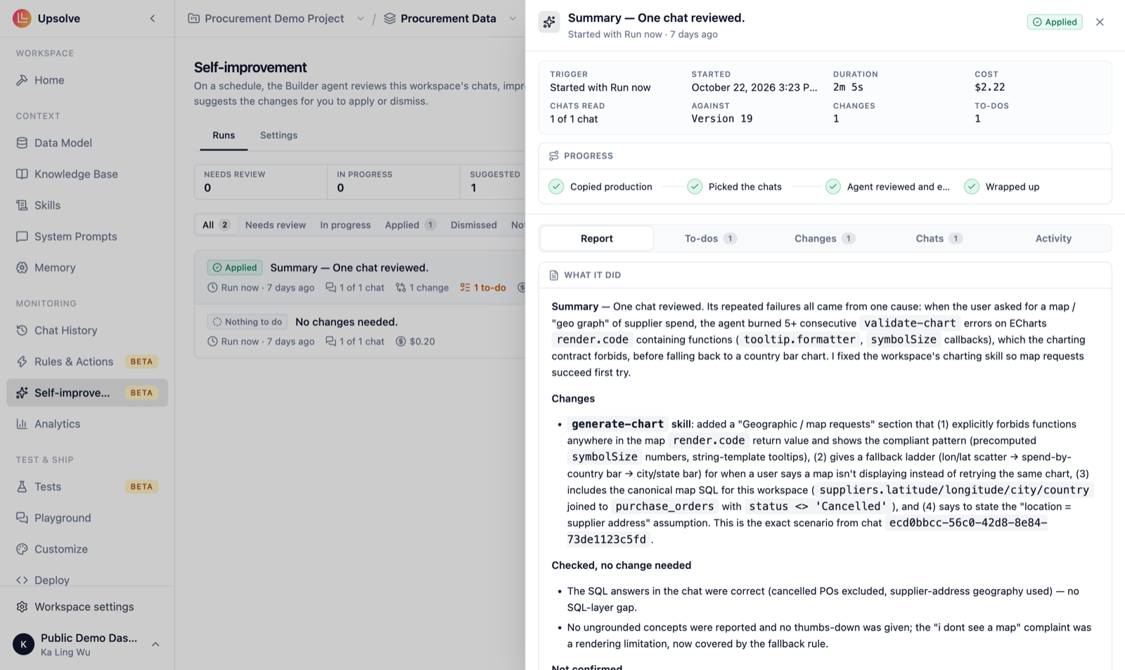 A run's detail showing its trigger, start time, duration, cost, chats read and version, the four completed progress steps, and the Report tab explaining what it found and changed