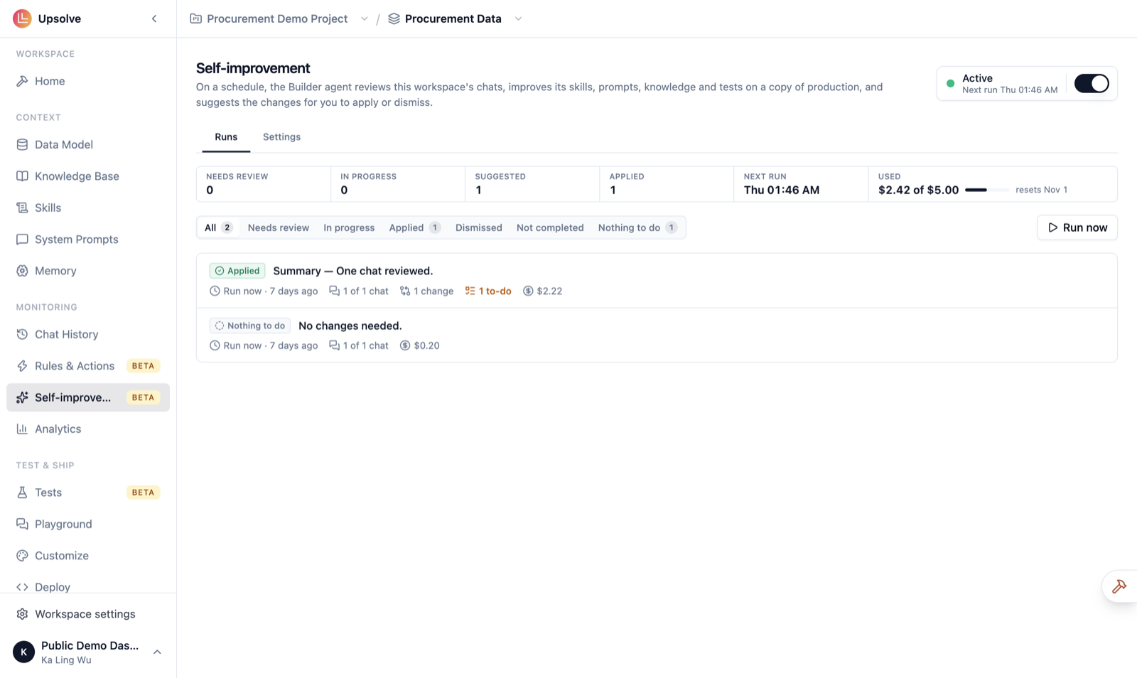 The Self-improvement page showing it is Active with the next run time, an overview of runs needing review, suggested and applied, the monthly budget used, and a list of past runs