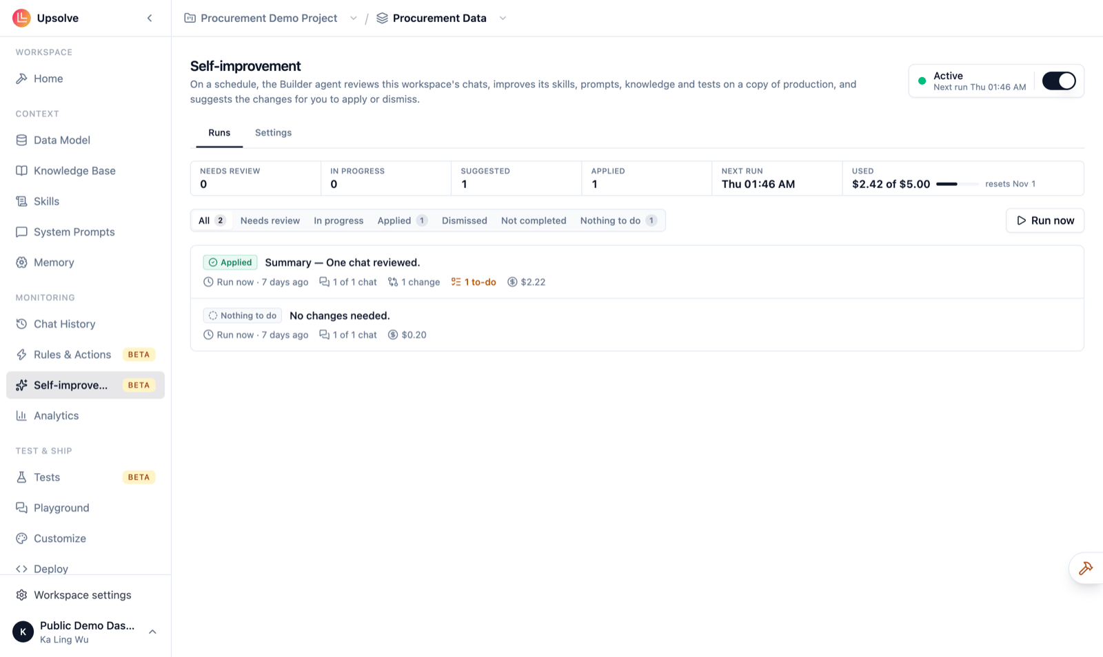 The Self-improvement page showing it is Active with the next run time, an overview of runs needing review, suggested and applied, the monthly budget used, and a list of past runs