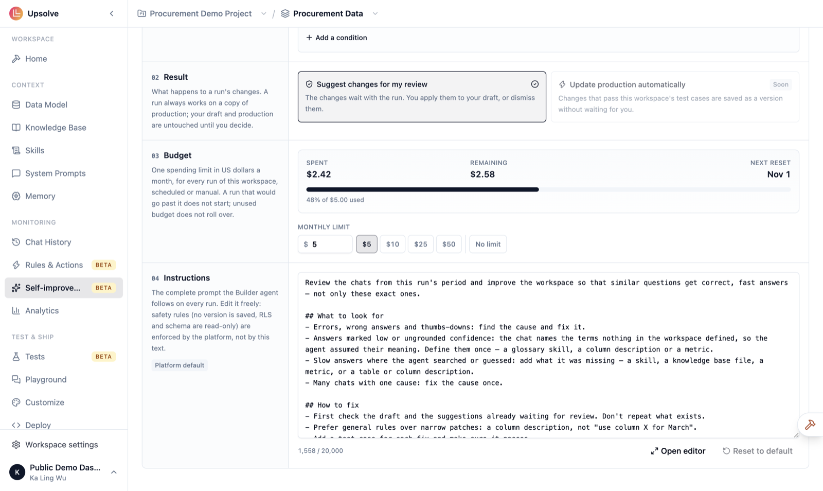 Budget section showing $2.42 spent of a $5.00 monthly limit with the next reset date, and the Instructions section with the platform-default prompt