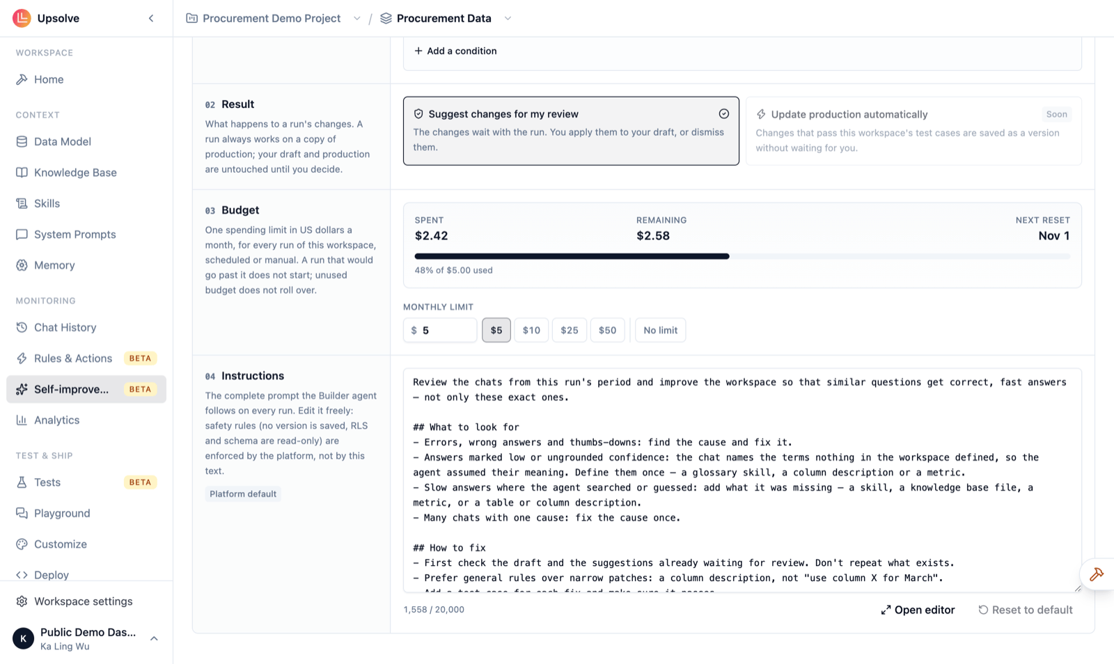 Budget section showing $2.42 spent of a $5.00 monthly limit with the next reset date, and the Instructions section with the platform-default prompt