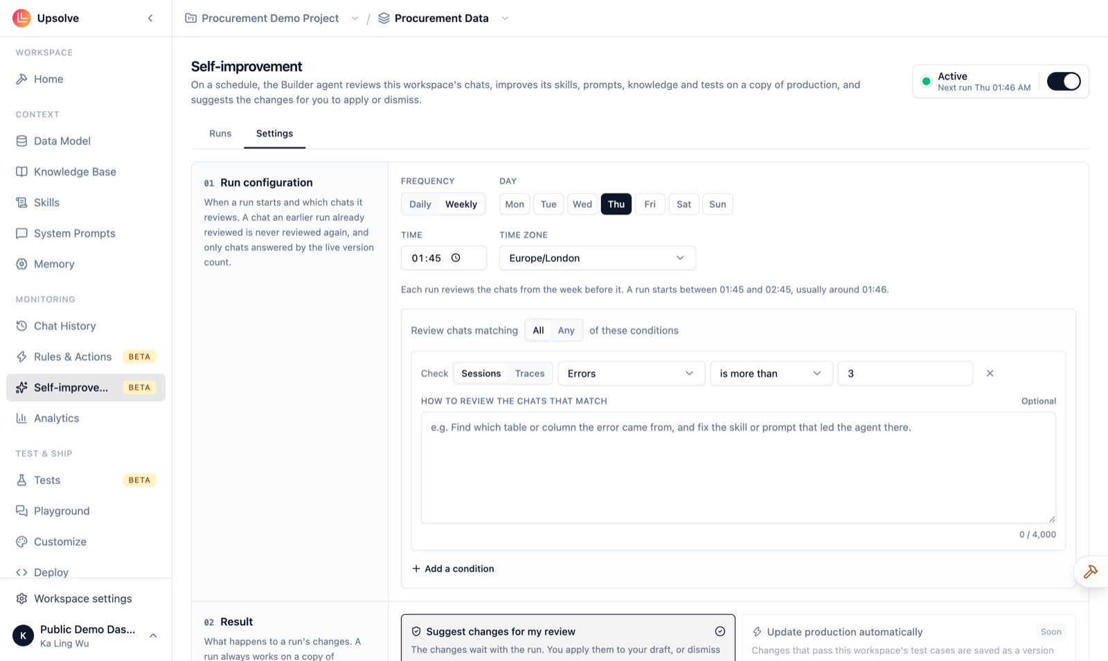 Run configuration settings with a weekly schedule on Thursday at 01:45 Europe/London, and a condition reviewing sessions with more than 3 errors