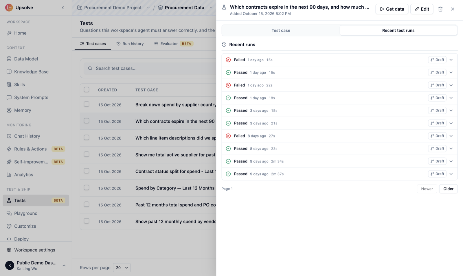 A test case's Recent test runs tab, listing each run with its result, how long ago it ran, its duration and the version it ran against