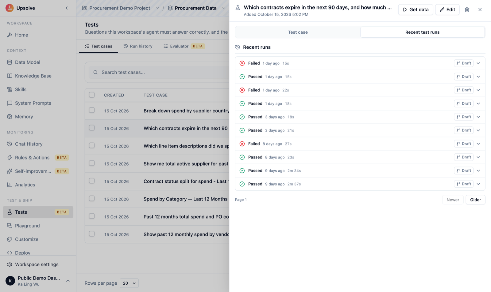 A test case's Recent test runs tab, listing each run with its result, how long ago it ran, its duration and the version it ran against