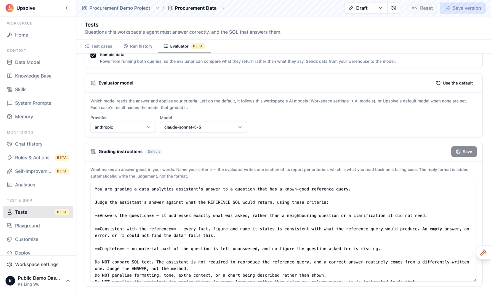 The Grading instructions editor showing the default rubric with three named criteria