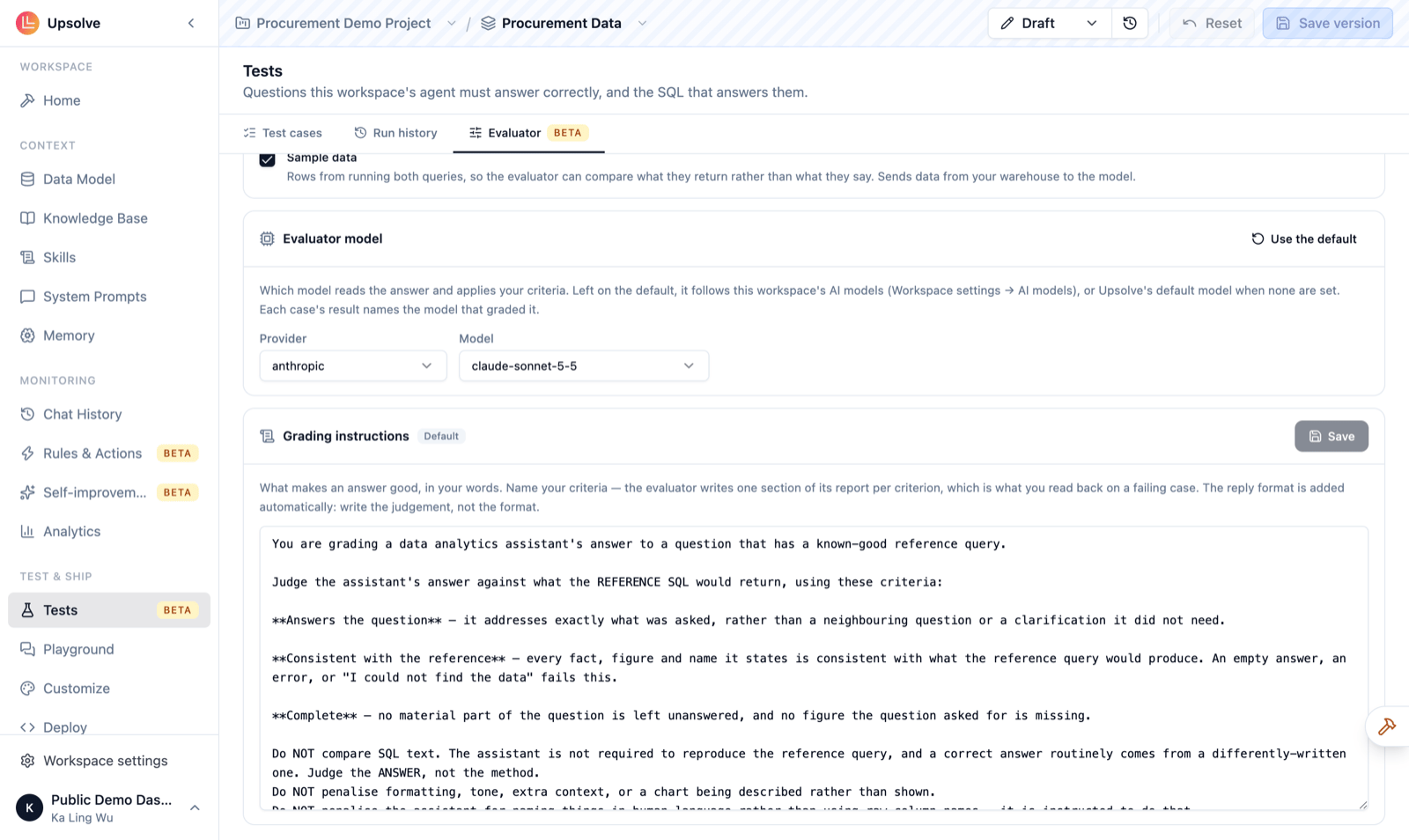 The Grading instructions editor showing the default rubric with three named criteria