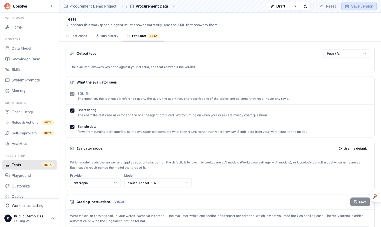 The Evaluator tab with Output type, What the evaluator sees (SQL, Chart config, Sample data) and Evaluator model settings